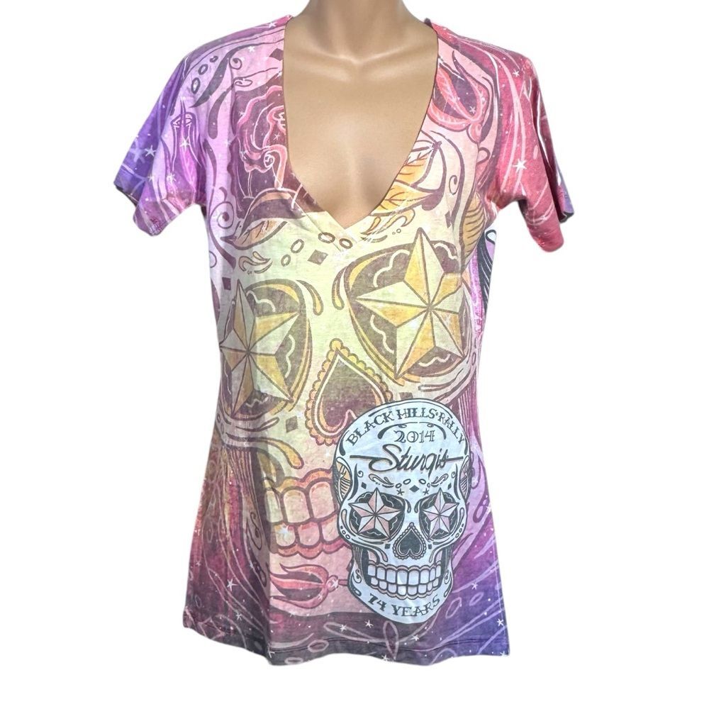 Vintage Sugar Skull Top XL Slim Y2K Print Goth V-Neck Biker Rave Rock Summer